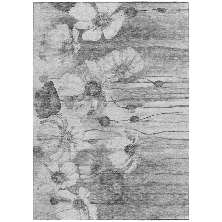 8' X 10' Gray Charcoal And Silver Floral Washable Indoor Outdoor Area Rug