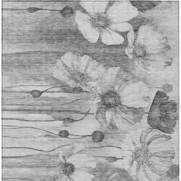 10' X 14' Gray Charcoal And Silver Floral Washable Indoor Outdoor Area Rug