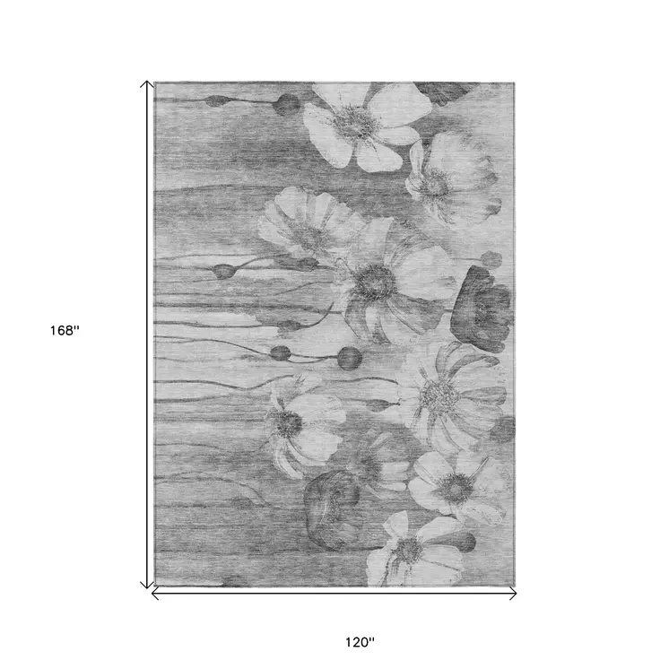 10' X 14' Gray Charcoal And Silver Floral Washable Indoor Outdoor Area Rug