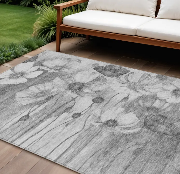 10' X 14' Gray Charcoal And Silver Floral Washable Indoor Outdoor Area Rug