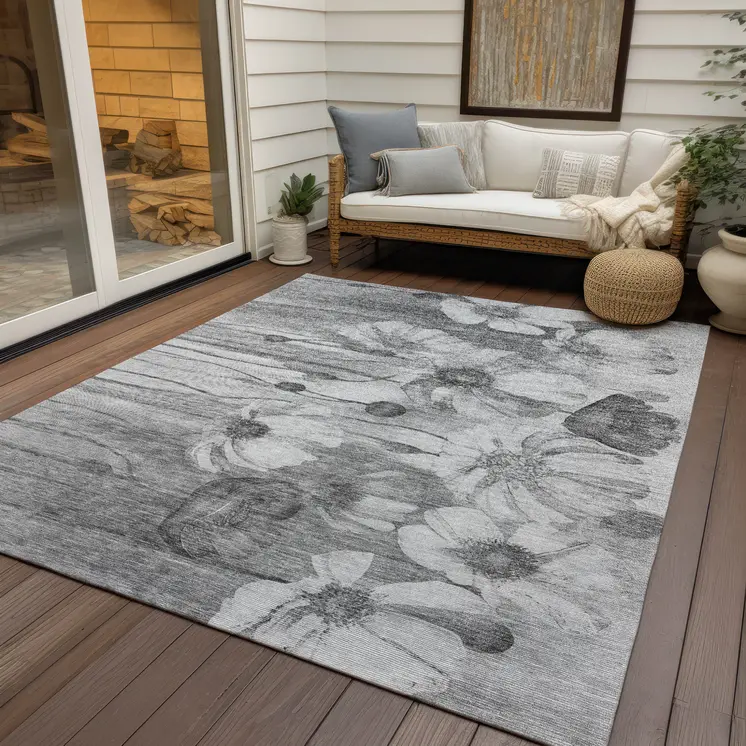 10' X 14' Gray Charcoal And Silver Floral Washable Indoor Outdoor Area Rug