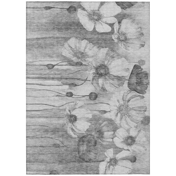10' X 14' Gray Charcoal And Silver Floral Washable Indoor Outdoor Area Rug