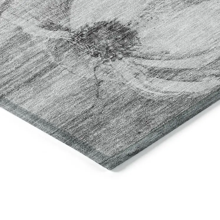 10' X 14' Gray Charcoal And Silver Floral Washable Indoor Outdoor Area Rug