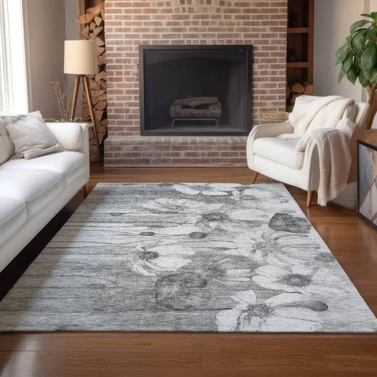 10' X 14' Gray Charcoal And Silver Floral Washable Indoor Outdoor Area Rug