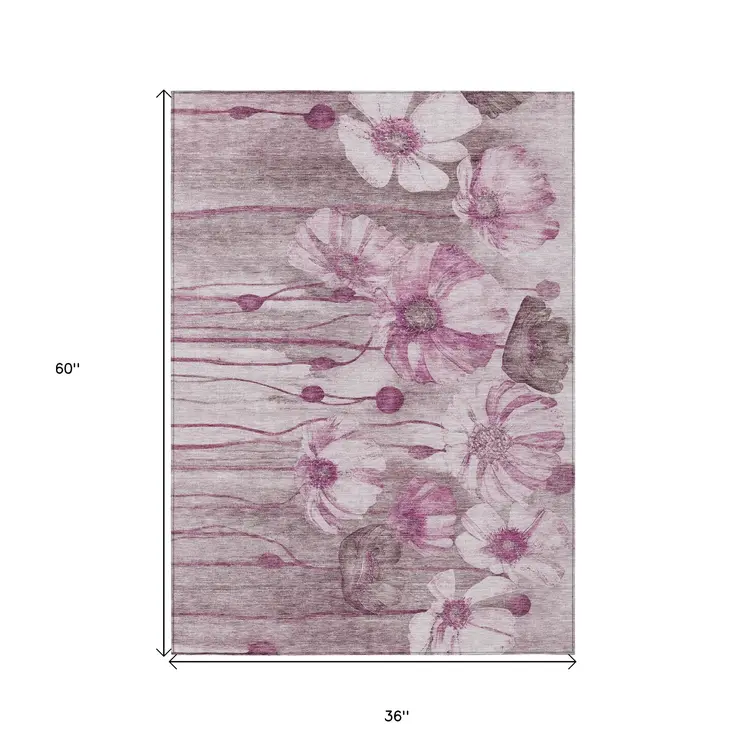 3' X 5' Plum Mauve And Pink Floral Washable Indoor Outdoor Area Rug