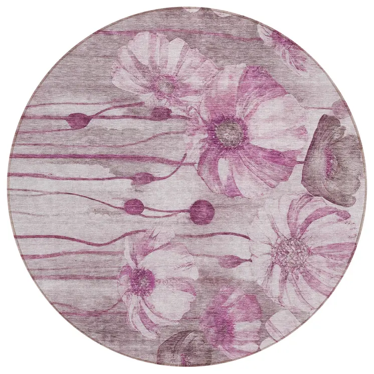 8' Plum Mauve And Pink Round Floral Washable Indoor Outdoor Area Rug