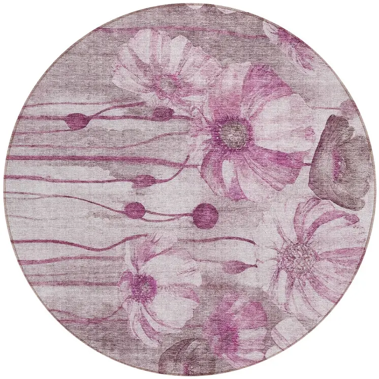 8' Plum Mauve And Pink Round Floral Washable Indoor Outdoor Area Rug