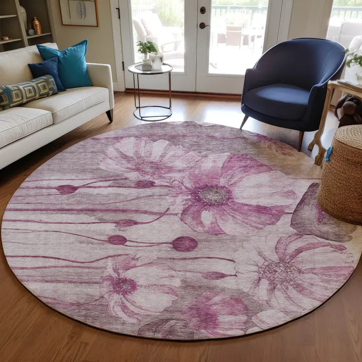 8' Plum Mauve And Pink Round Floral Washable Indoor Outdoor Area Rug