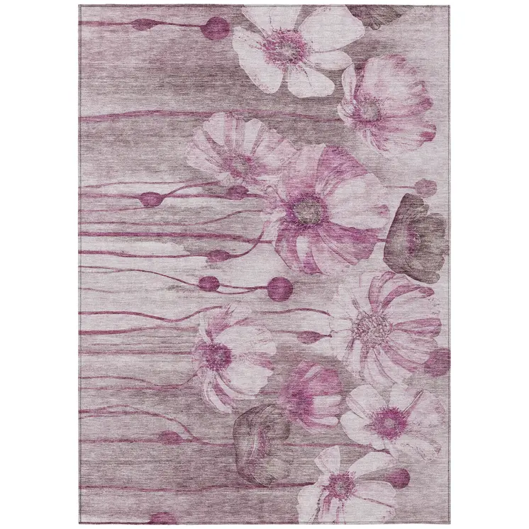 8' X 10' Plum Mauve And Pink Floral Washable Indoor Outdoor Area Rug