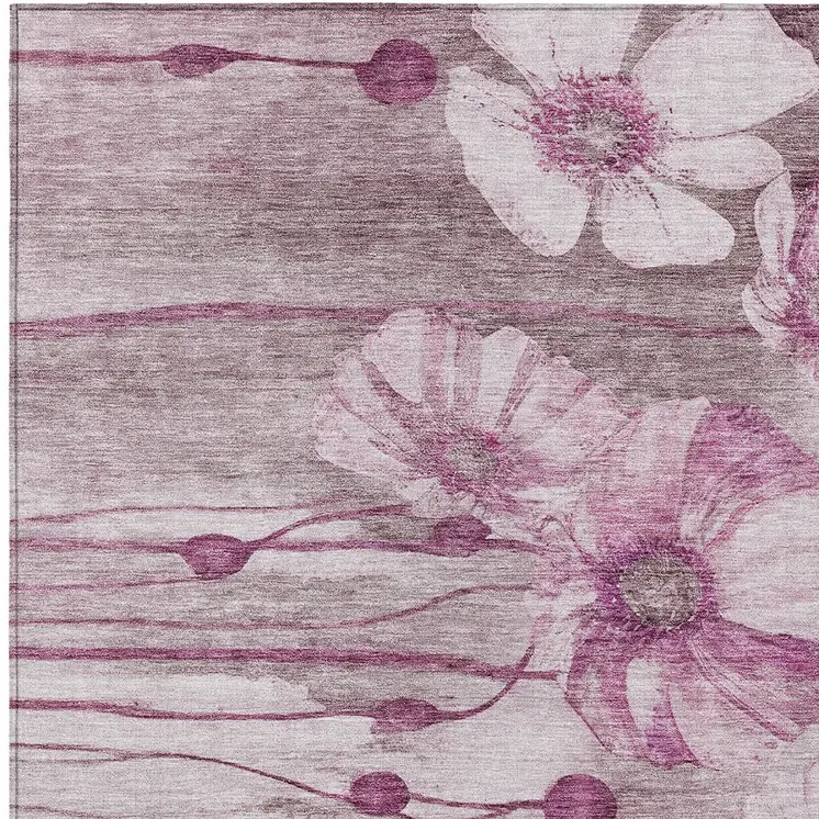10' X 14' Plum Mauve And Pink Floral Washable Indoor Outdoor Area Rug