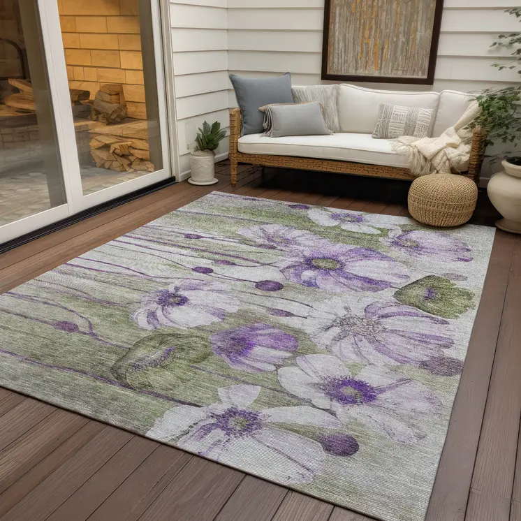3' X 5' Purple And Lavender Floral Washable Indoor Outdoor Area Rug