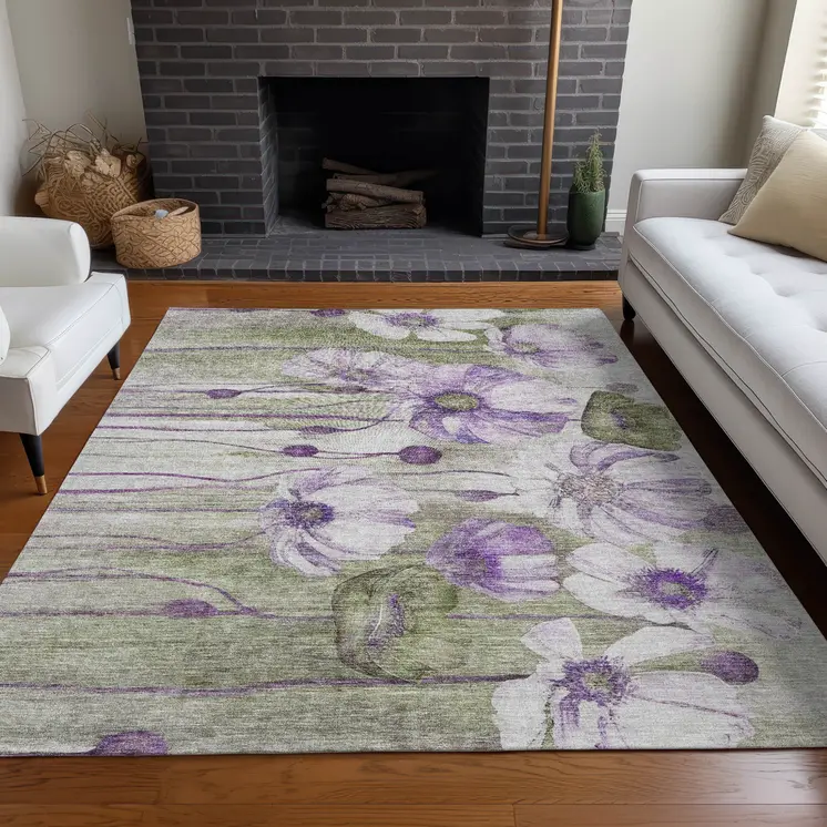 3' X 5' Purple And Lavender Floral Washable Indoor Outdoor Area Rug