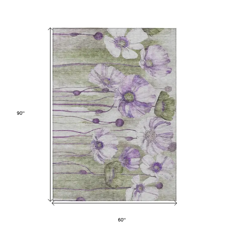 5' X 8' Purple And Lavender Floral Washable Indoor Outdoor Area Rug