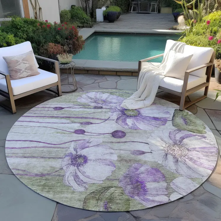 8' Purple And Lavender Round Floral Washable Indoor Outdoor Area Rug