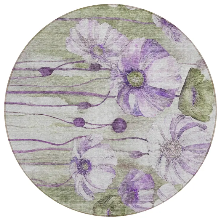 8' Purple And Lavender Round Floral Washable Indoor Outdoor Area Rug