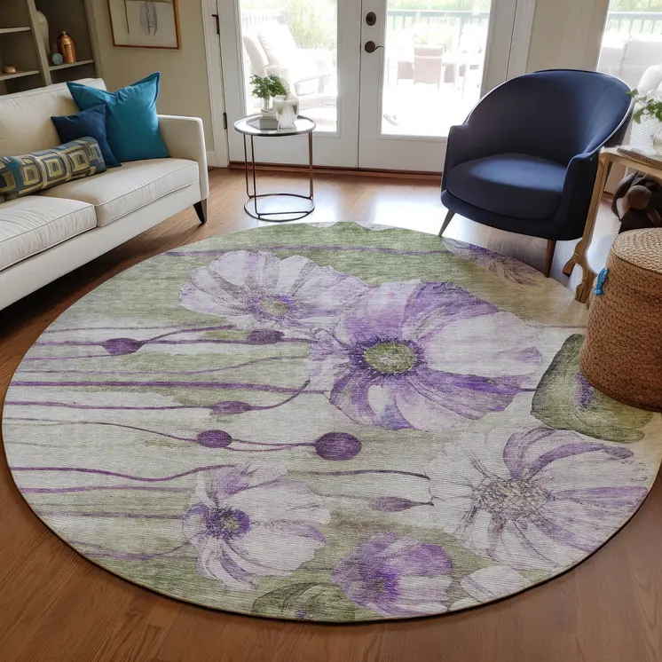 8' Purple And Lavender Round Floral Washable Indoor Outdoor Area Rug