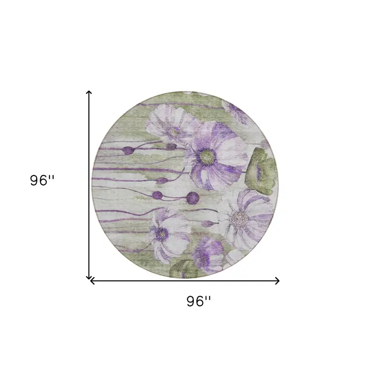 8' Purple And Lavender Round Floral Washable Indoor Outdoor Area Rug