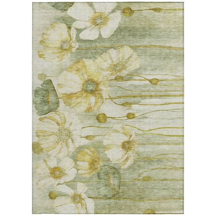 5' X 8' Sage Fern Green And Ivory Floral Washable Indoor Outdoor Area Rug