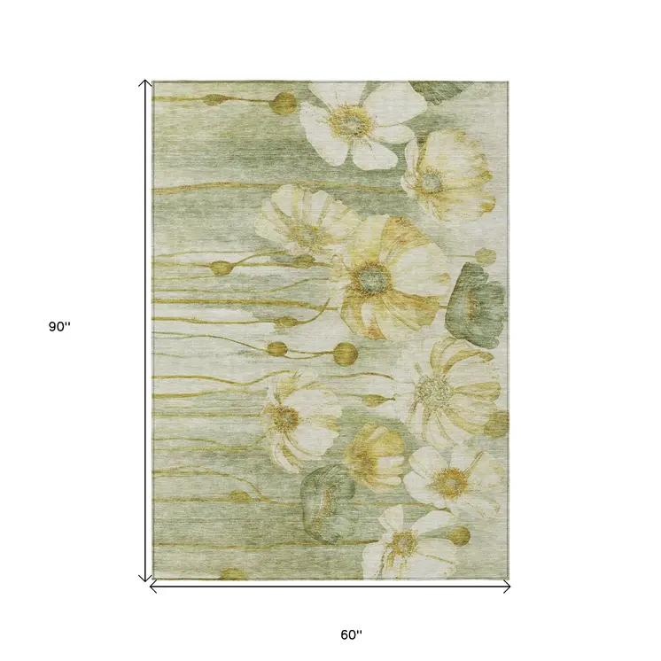5' X 8' Sage Fern Green And Ivory Floral Washable Indoor Outdoor Area Rug