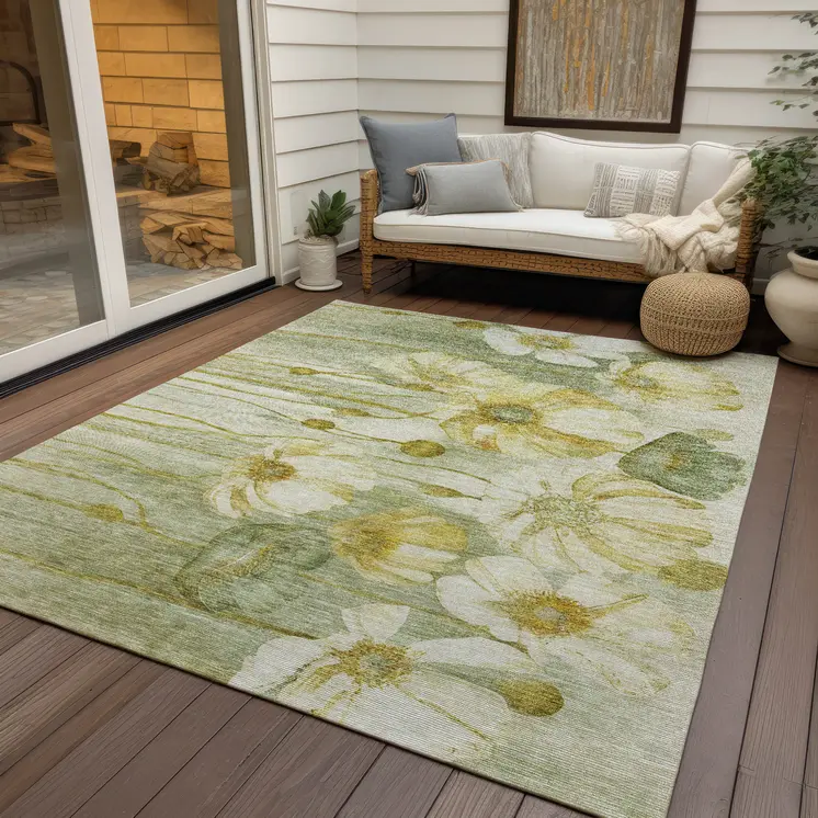 5' X 8' Sage Fern Green And Ivory Floral Washable Indoor Outdoor Area Rug