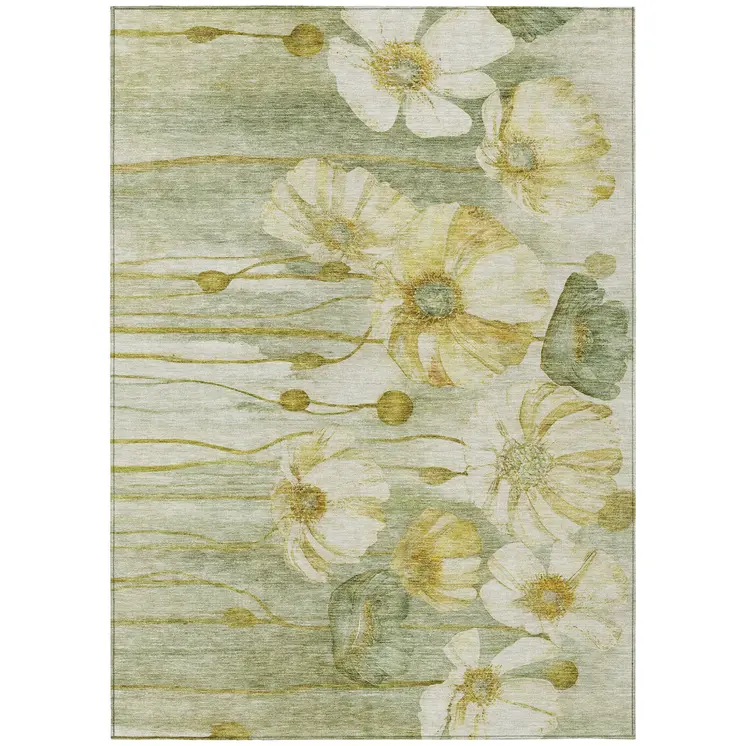 5' X 8' Sage Fern Green And Ivory Floral Washable Indoor Outdoor Area Rug
