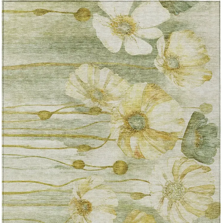5' X 8' Sage Fern Green And Ivory Floral Washable Indoor Outdoor Area Rug