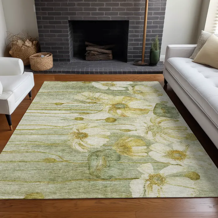 5' X 8' Sage Fern Green And Ivory Floral Washable Indoor Outdoor Area Rug