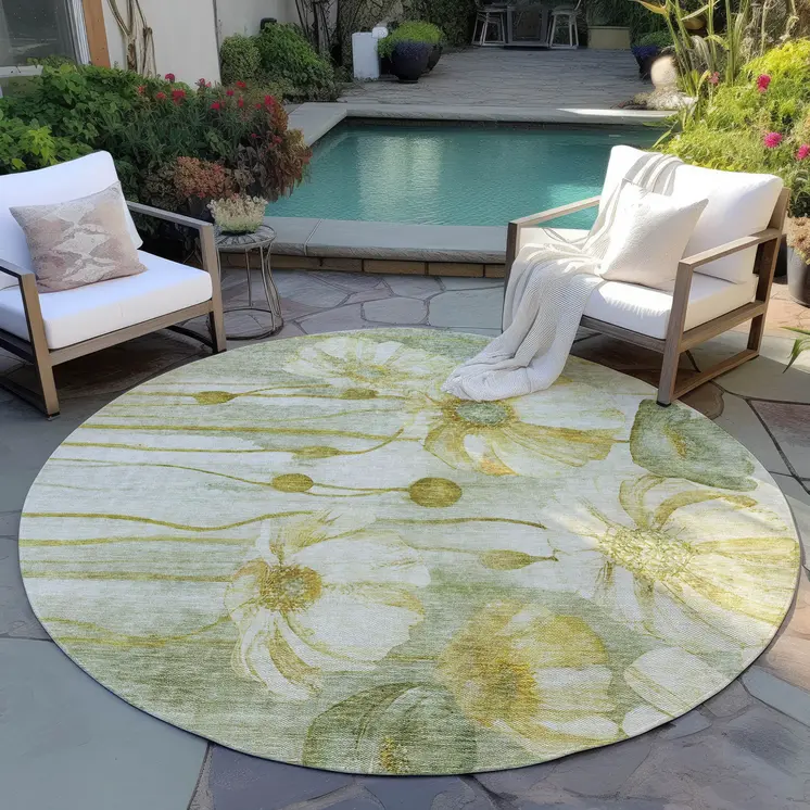 8' Sage Fern Green And Ivory Round Floral Washable Indoor Outdoor Area Rug