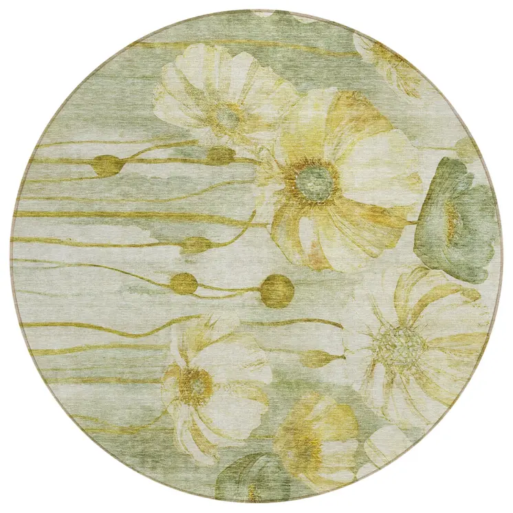 8' Sage Fern Green And Ivory Round Floral Washable Indoor Outdoor Area Rug