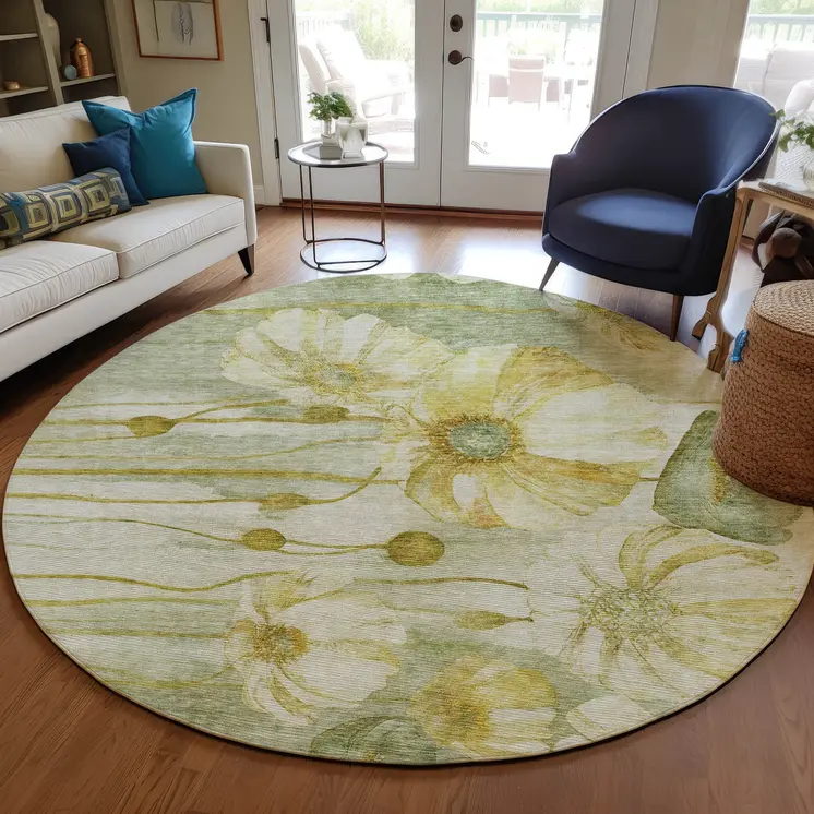 8' Sage Fern Green And Ivory Round Floral Washable Indoor Outdoor Area Rug
