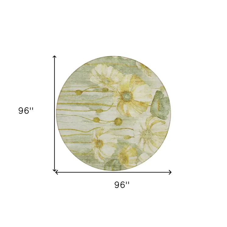 8' Sage Fern Green And Ivory Round Floral Washable Indoor Outdoor Area Rug