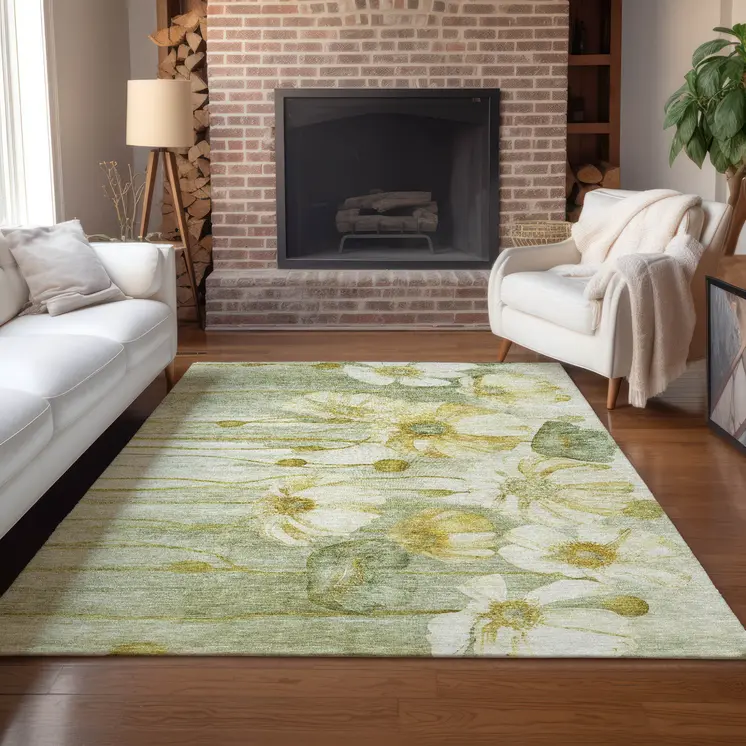 9' X 12' Sage Fern Green And Ivory Floral Washable Indoor Outdoor Area Rug