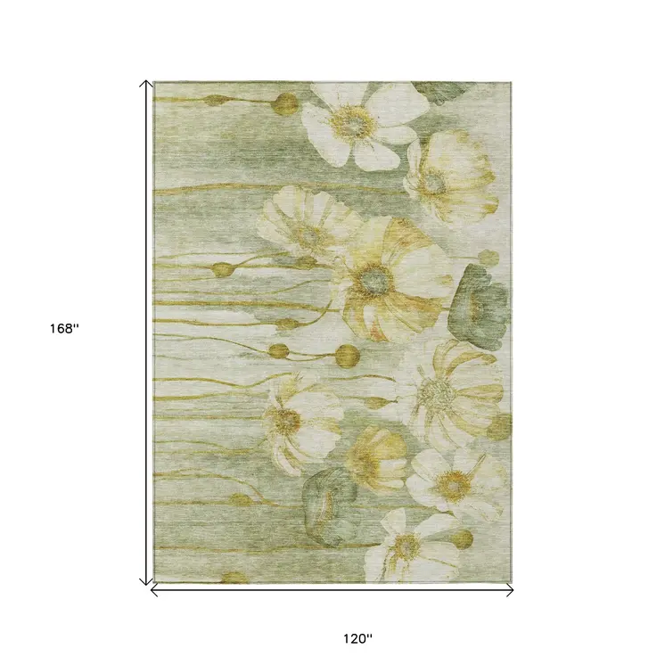 10' X 14' Sage Fern Green And Ivory Floral Washable Indoor Outdoor Area Rug