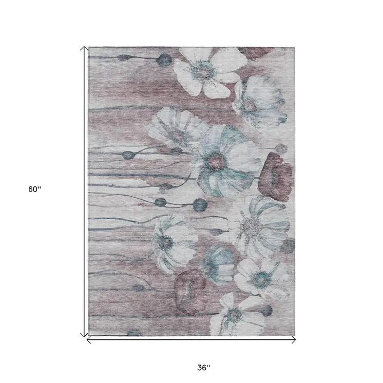3' X 5' Teal Blue Aqua And Ivory Floral Washable Indoor Outdoor Area Rug