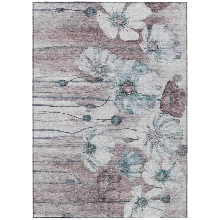 3' X 5' Teal Blue Aqua And Ivory Floral Washable Indoor Outdoor Area Rug