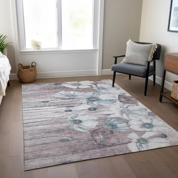 3' X 5' Teal Blue Aqua And Ivory Floral Washable Indoor Outdoor Area Rug