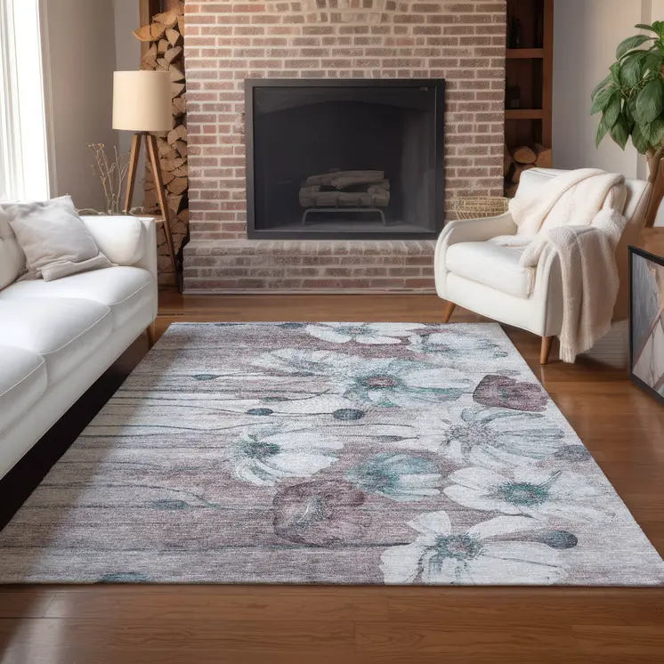 3' X 5' Teal Blue Aqua And Ivory Floral Washable Indoor Outdoor Area Rug
