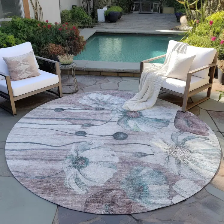 8' Teal Blue Aqua And Ivory Round Floral Washable Indoor Outdoor Area Rug