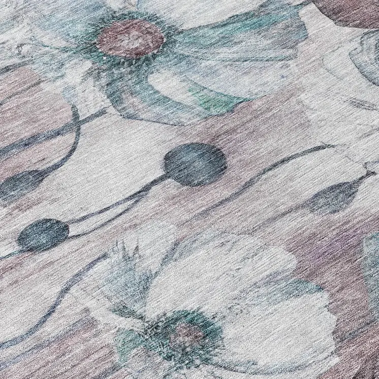 8' Teal Blue Aqua And Ivory Round Floral Washable Indoor Outdoor Area Rug