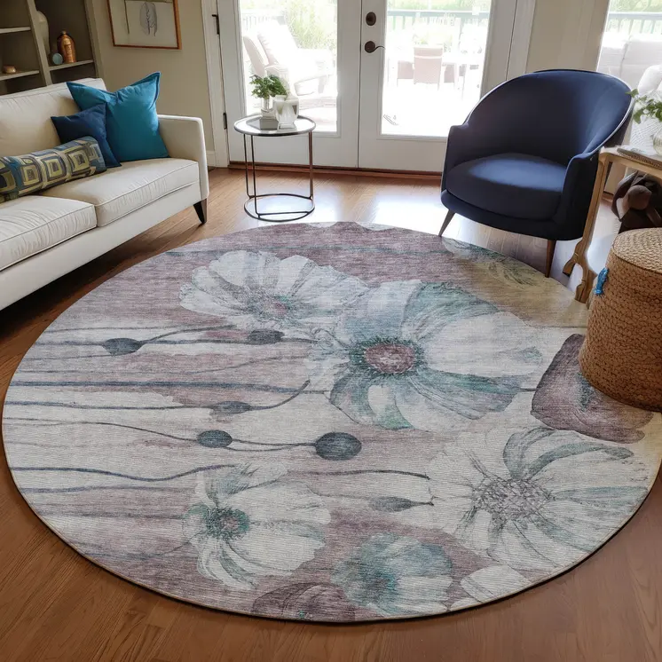 8' Teal Blue Aqua And Ivory Round Floral Washable Indoor Outdoor Area Rug