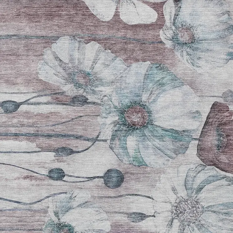 8' X 10' Teal Blue Aqua And Ivory Floral Washable Indoor Outdoor Area Rug
