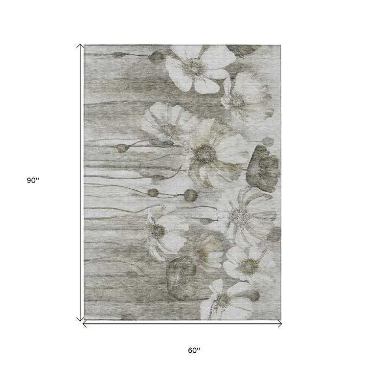 5' X 8' Taupe Ivory And Tan Floral Washable Indoor Outdoor Area Rug