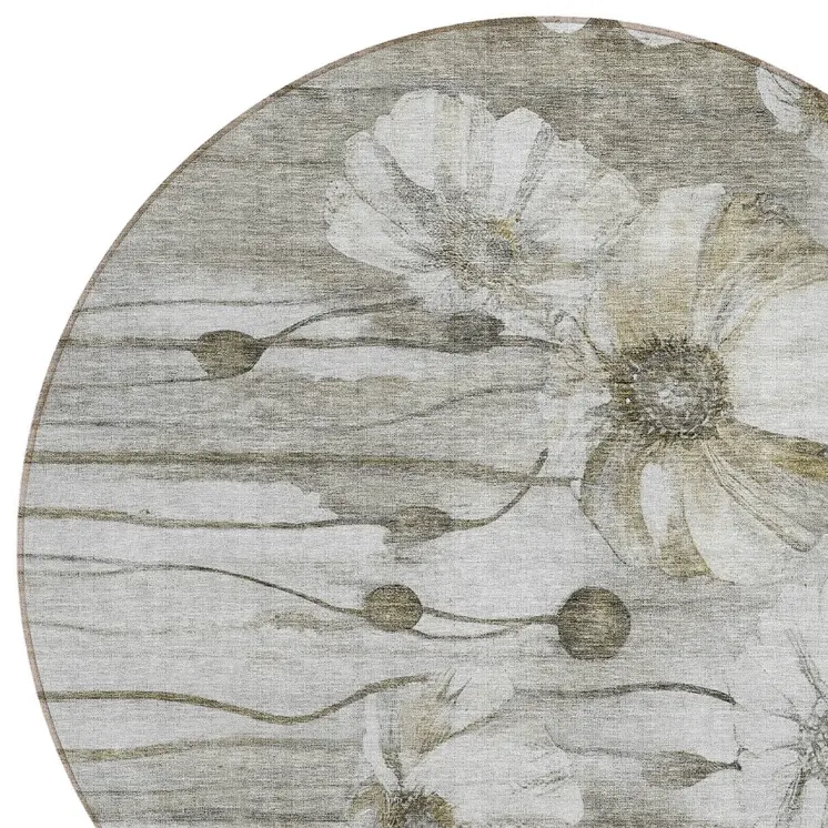 8' Taupe Ivory And Tan Round Floral Washable Indoor Outdoor Area Rug