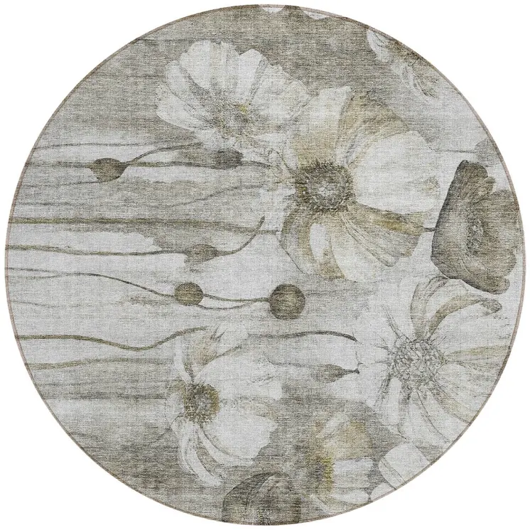 8' Taupe Ivory And Tan Round Floral Washable Indoor Outdoor Area Rug