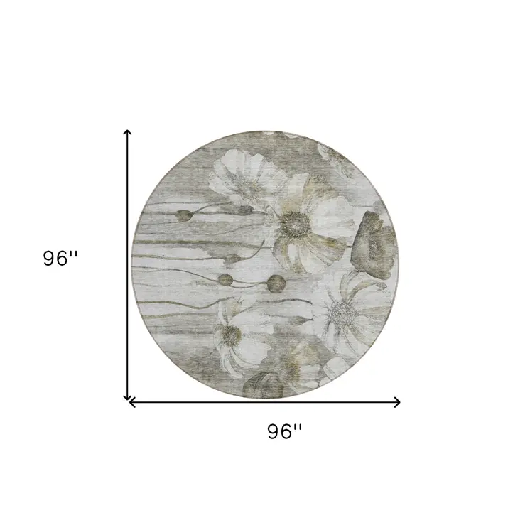 8' Taupe Ivory And Tan Round Floral Washable Indoor Outdoor Area Rug