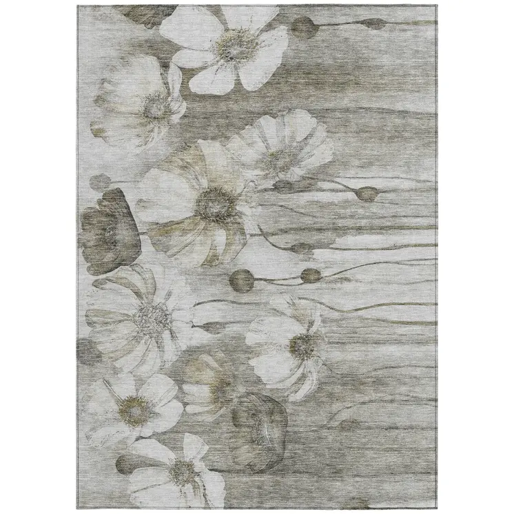 9' X 12' Taupe Ivory And Tan Floral Washable Indoor Outdoor Area Rug