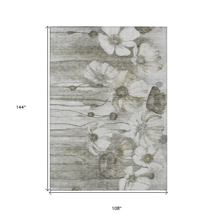 9' X 12' Taupe Ivory And Tan Floral Washable Indoor Outdoor Area Rug