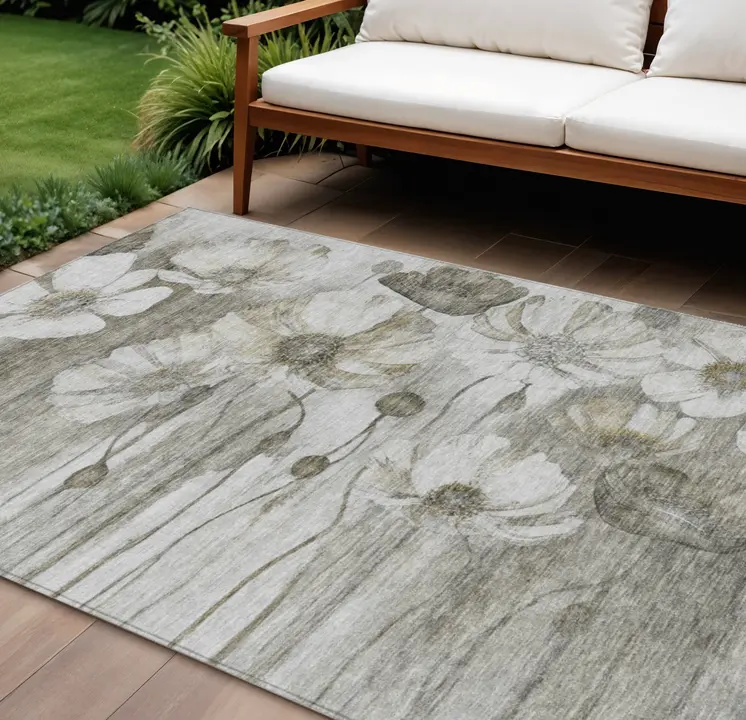 10' X 14' Taupe Ivory And Tan Floral Washable Indoor Outdoor Area Rug