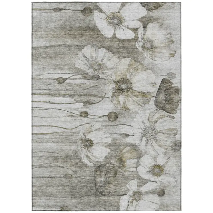 10' X 14' Taupe Ivory And Tan Floral Washable Indoor Outdoor Area Rug