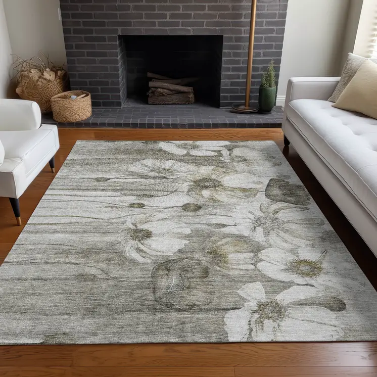 10' X 14' Taupe Ivory And Tan Floral Washable Indoor Outdoor Area Rug